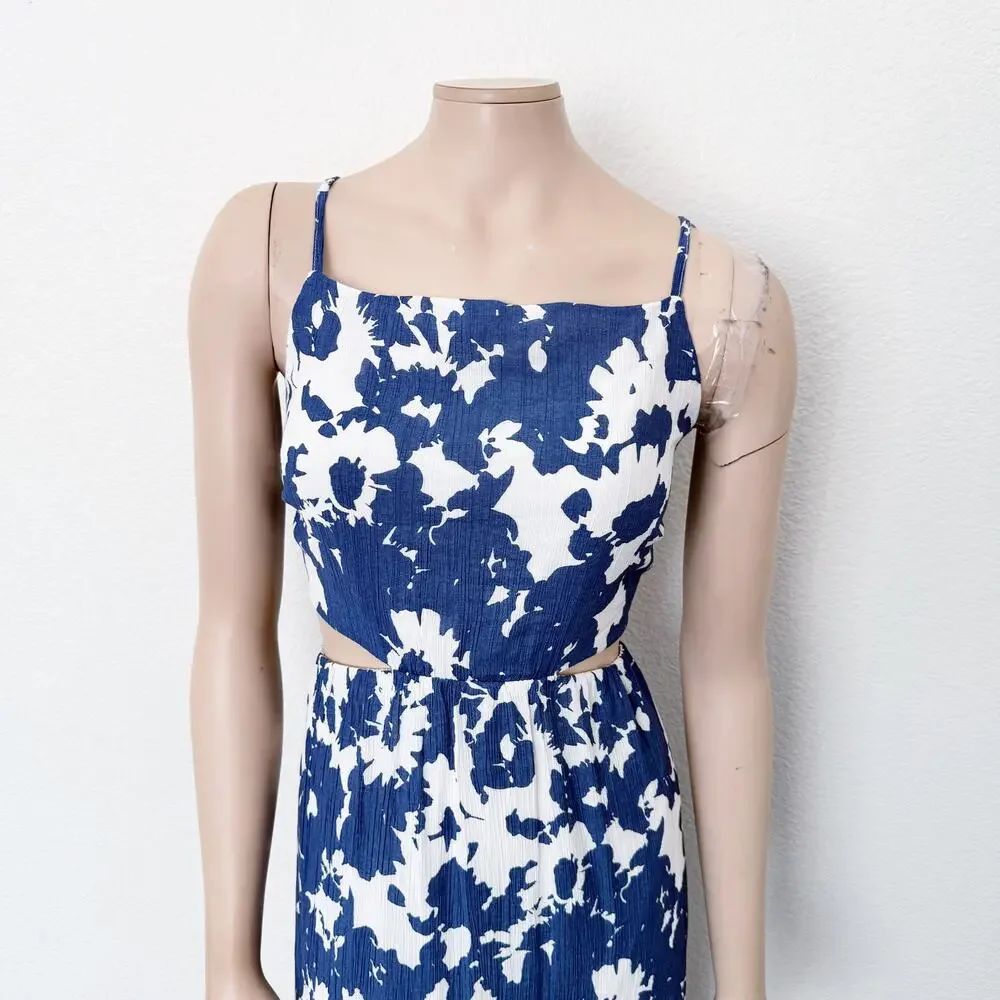 [Abercrombie & Fitch] Blue Crinkle Cutout High Neck Maxi Dress Pockets Size XLP